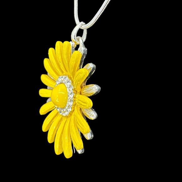 Sunflower Enamel with Rhinestone Pendant Snake Chain Silver Plated Necklace - Picture 5 of 7